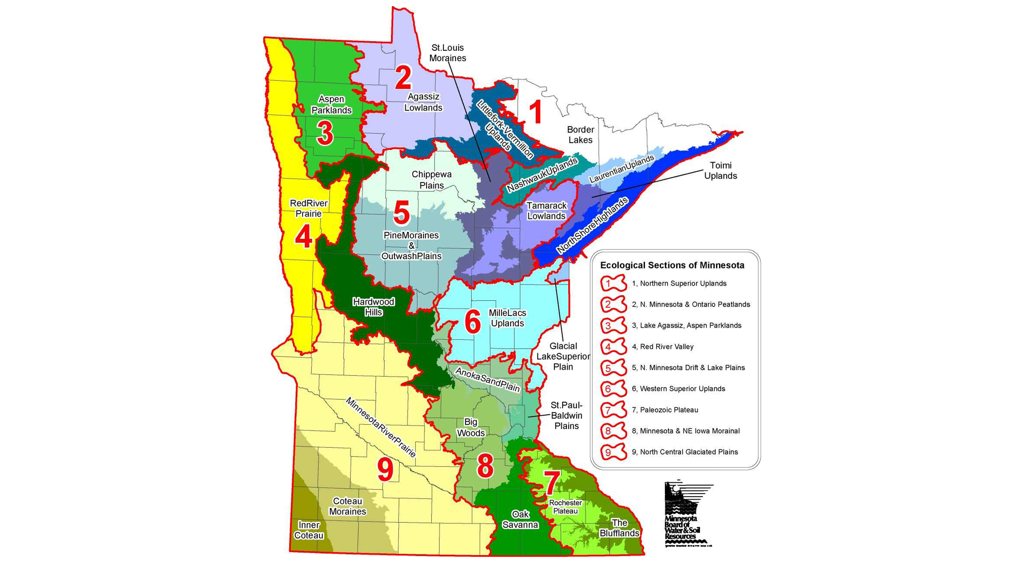 Map of Minnesota showing the 9 Ecological Sections across the state.